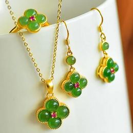 Charming jewelry Green Jade 925 Silver Hetian Jades Clover Pendant Necklace Rings Earring Set