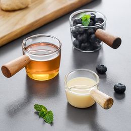 Herb Spice Tools 4Pcs Glass Sauce Dish Small Condiment Dipping Bowl Glass Gravy Boat Mini Milk Cup Wood Handle Coffee Creamer Pitcher Tableware 221203