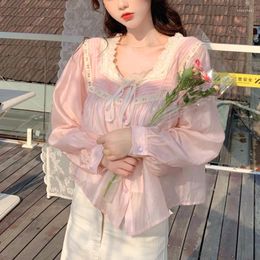 Women's Blouses Pink Elegant Vintage Blouse And Shirts Woman Collection 2022 Autumn French Sweet Lace Bow Chiffon Lolita Tops Female