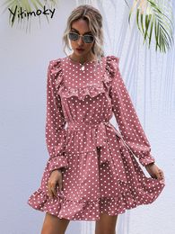 Party Dresses Women Dress Polka Dot Oneck Summer With Belt Ruffled Above Knee Casual Holiday Long Sleeve Sweet Pink Clothe 221203