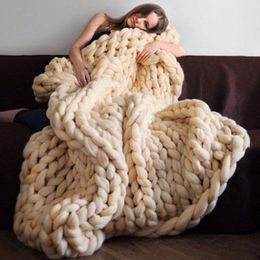 BlanketSoft Thicken Chunky Knit Blanket for Bed Sofas P ographic Props Coarse Wool Hand woven BlanketKnitted Sofa cover 221203