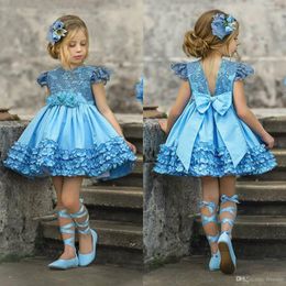 Girl Dresses Blue Little Flower Girls Short Sleeve Pearls Princess Kids First Communion Gown Knee Length Toddler Christening Dress