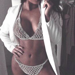 Stage Wear Silver Rhinestone Chains Sparkly Bikini Bra Underwear Women Bar Dance Costume Prom Party Two Piece Outfit