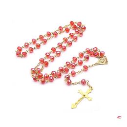Pendant Necklaces Red Crystal Rosary Necklace With Cup Gold Jesus Cross Pendant Religious Jewellery For Women Gifts Drop Delivery Neck Dhoql