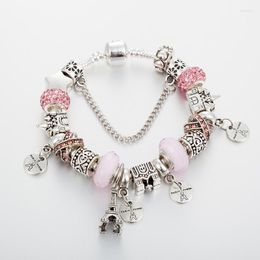 Charm Bracelets Eiffel Tower Bracelet Femme With Pink Crystal Beads For Women MOM DIY Jewelry Pulseras Mujer