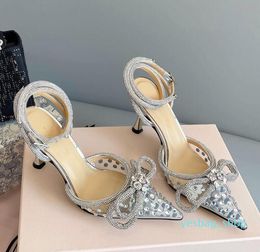 Rhinestone Dress shoes for women MACH Crystal Embellished Bow high heeled sandals Designer sexy transparent PVC Pearl drill party slippers 09 heel womens shoe