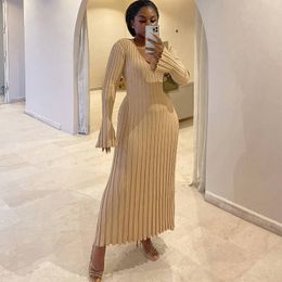 Knitted Dresses For Women 2022 Autumn Winter Elegant Pleated Long Dresses Long Sleeve V Neck Casual Slim White Maxi Dress