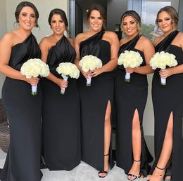 2023 New Black One Shoulder Bridesmaid Dresses Side Split Spring Summer Countryside Garden Formal Wedding Party Guest Gowns Plus Size Custom Made GC1205