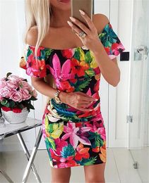 Party Dresses Vestidos De Mujer Casual Verano Sexy Off-The-Shoulder Printed Ruffled Floral Dress Ladies Tight Summer Women's