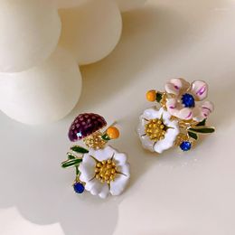 Stud Earrings Asymmetric Daisy Enamel Drip Glazed Flower For Women Sweet Cute Silver Needle Ear Jewellery