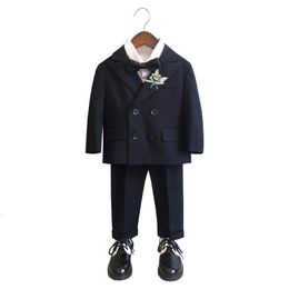 Suits Flower Boys Wedding Performance First Birthday Suit Set Children British Double Breasted Blazer Pants Outfit Kids Formal Costume 221205