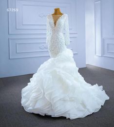 Illusion Long Sleeve Mermaid Wedding Dresses 2023 Sheer Neck Beaded Princess Ruffles Skirt Lace-up Corset Church Wedding Gown