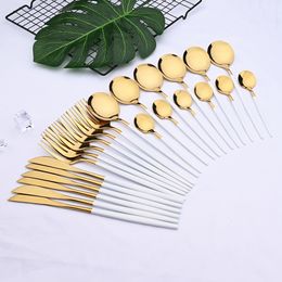 Dinnerware Sets 24pcs White Gold Stainless Steel Knife Fork Spoon Cutlery Kitchen Tableware Flatware Wholesale 221203