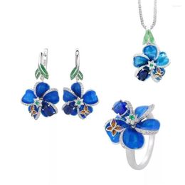 Necklace Earrings Set Silver Enamel Women Blue Stone And Customised Ring Earring For Party Jewellery