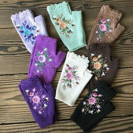 Fingerless Gloves Ins High Quality Mittens Handmade Embroidery Autumn Winter Bee Floret Women's Warm Wool Knitted Adult 221203