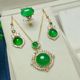 Charming Women Jewellery Zircon Pendant Necklace Emerald Jades Dangle Earring Rings Set