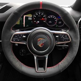 Car Steering Wheel Cover Non-Slip Genuine Leather Suede Braid For Porsche Cayenne Macan Porsche 911 996 997 959 Cayman Boxster