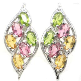 Dangle Earrings 25x12mm Multi Colour 4.6g Pink Tourmaline Peridot London Blue Topaz Daily Wear Females Silver Stud