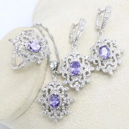 Necklace Earrings Set Natural Purple Cubic Zirconia Silver 925 Wedding For Women Crystal Rings Birthday Gifts Box
