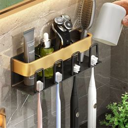 Toothbrush Holders Toothbrush Holder Wall Mounted Razor Stand Organizer Shelf Bathroom Toothpaste Storage Rack With Cup Holder Bathroom Accessories 221205