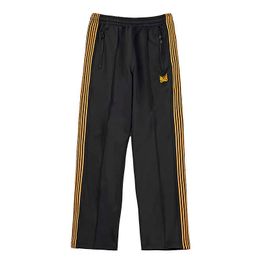 Men's Pants 2021 Black AWGE Needles Pants Men Women 1 1 Quality Embroidery Butterfly Needles Track Pants Classic Yellow Stripe Trousers T221205