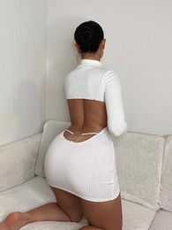 Party Dresses Long Sleeve for Women Sexy Backless Turtleneck Bodycon Mini Autumn Elegant White Club Outfits 221203