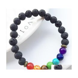 Beaded Rainbow Chakra Beads 8Mm Black Lava Stone Bracelets Diy Aromatherapy Essential Oil Per Diffuser Bracelet Yoga Jewellery Drop Del Dh1Ha