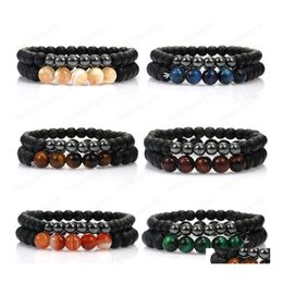 Beaded 2 Pcs/ Set Fashion Beaded Bracelet Natural Agate Tiger Eye Stone For Women Men Elastic Lover Couple Yoga Jewelry Drop Deliver Dhjax