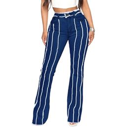 Fashion Women Jeans High Stretch Slim Mid Waist Raw Hem Straight Denim Long Pants