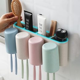 Toothbrush Holders ECOCO Wallmount Wheat Straw 234 Cup Toothbrush Holder Family Couples Toothbrush Toothpaste Cup Storage Bathroom Accessories 221205