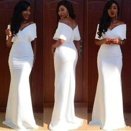 Elegant Long Mermaid Bridesmaid Dresses V-Neck Short Sleeves Simple Satin Wedding Guest Gowns White Prom Party Evening Dress Floor Length