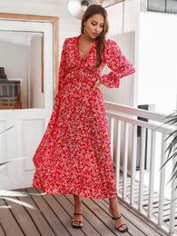 Party Dresses Floral Ruched Flared Long Sleeve Maxi Women Luxury Sexy Deep V Casual Vestidos De Mujer Elegantes Para Fiesta 221203