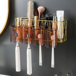 Toothbrush Holders Electric Toothbrushes Holder Bathroom Shelf Storage Organiser Wall Dental Brush Dry Bathroom Set Metal Toothbrush Stand With Cup 221205