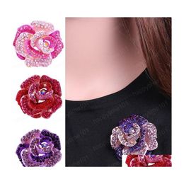 Pins Brooches Fashion Exquisite Red Rose Rhinestone Brooch Elegant Flower Series Cor Jewellery Accessories 3 Colours For Choose Drop De Dh3Bx