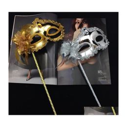 Party Masks Woman Mask On Stick Sexy Eyeline Venetian Masquerade Party Sequin Lace Edge Lateral Flower Gold Sier Colour