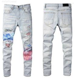 Мужские джинсы модные мужские мужские дизайнер роскошный стиль джинсовые брюки. Разочаженный рваный байкер Черно-голубой джинсовый мотоцикл Размер 28-40K2I6