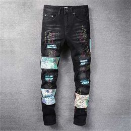 Men's Jeans Designer Mens Cool Style Luxury Fashion Embroidered Patches Denim Pant Distressed Ripped Biker Black Blue Men Slim Pencil Jean Slimlc84