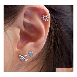 Stud 3 Pcs/Set Womens Simple Sier Airplane Cloud Sun Stud Earrings Set Cute Jewelry Accessories Christmas Gifts Drop Delivery Dhzmd