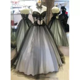2023 White And Black Gothic Wedding Dress Lace Appliques A Line Corset Bridal Gowns Lace Up Back Floor Length Plus Size Vintage Vestidos De Novia Marriage