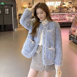 QNPQYX Korean Style Lamb Wool Jackets Women 2023 New All-Match Loose Furry Coat Ladies Fashion Streetwear Pockets Plush Coats