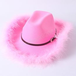 Handmade Women Fashion Fluff Western Cowboy Hats 9CM Wide Brim Birthday Party Dress Caps Pink Cowgirl Hat