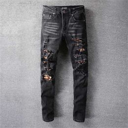 Men's Jeans Designer Mens Cool Style Luxury Fashion Embroidered Patches Denim Pant Distressed Ripped Biker Black Blue Men Slim Pencil Jean Slimqdt5