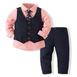 Suits Baby Boy Formal Christening Clothes Gentleman Long Sleeve Shirt Tie Vest Trousers 4Pcs Set Kids Birthday Party Dress 221205