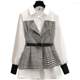 Women's Blouses Houndstooth Patchwork Shirt Plus Size Women 2023 Spring Casual Designer Long Sleeve Office Ladies Work Blouse With Belt Big