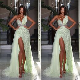 Sexy Side Split Mermaid Evening Dresses One Shoulder Sleeveless Prom Dress Beading Sequins Formal Party Gowns