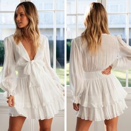 Party Dresses White for Women Summer Sexy V Neck Bow Bandage Hollow Out Long Sleeve Beach Short Street Wear ZD1662 221203