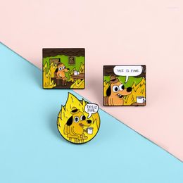 Brooches Catch Fire Cartoon Dog Pins This Is Fine Lapel Enamel Humor Fun Badges Clothes Bag Jewelry Gifts For Friends