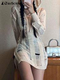 Party Dresses SUCHCUTE Korean Fashion Hollow Out Sweaters Mini Dress Grunge Solid Streetwear Hooded Vintage Long Sleeve y2k Outfits 221203