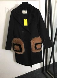 Women's Wool & Blends designer New F Letter Fox Fur Pocket Plus Plush Warm Coat Black YIOD