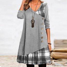 Party Dresses Fashion Long Sleeve V Neck Midi Autumn Ladies Button Splicing Loose Vintage Geometric Puzzle Print Aline 221203